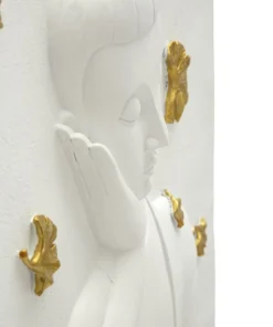 Panneau mural décoratif Bouddha résine 3D blanc et feuilles dorées