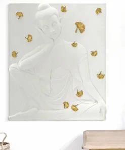 Panneau mural décoratif Bouddha résine 3D blanc et feuilles dorées