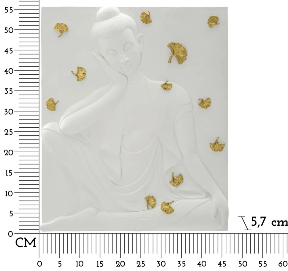 Panneau mural décoratif Bouddha résine 3D blanc et feuilles dorées