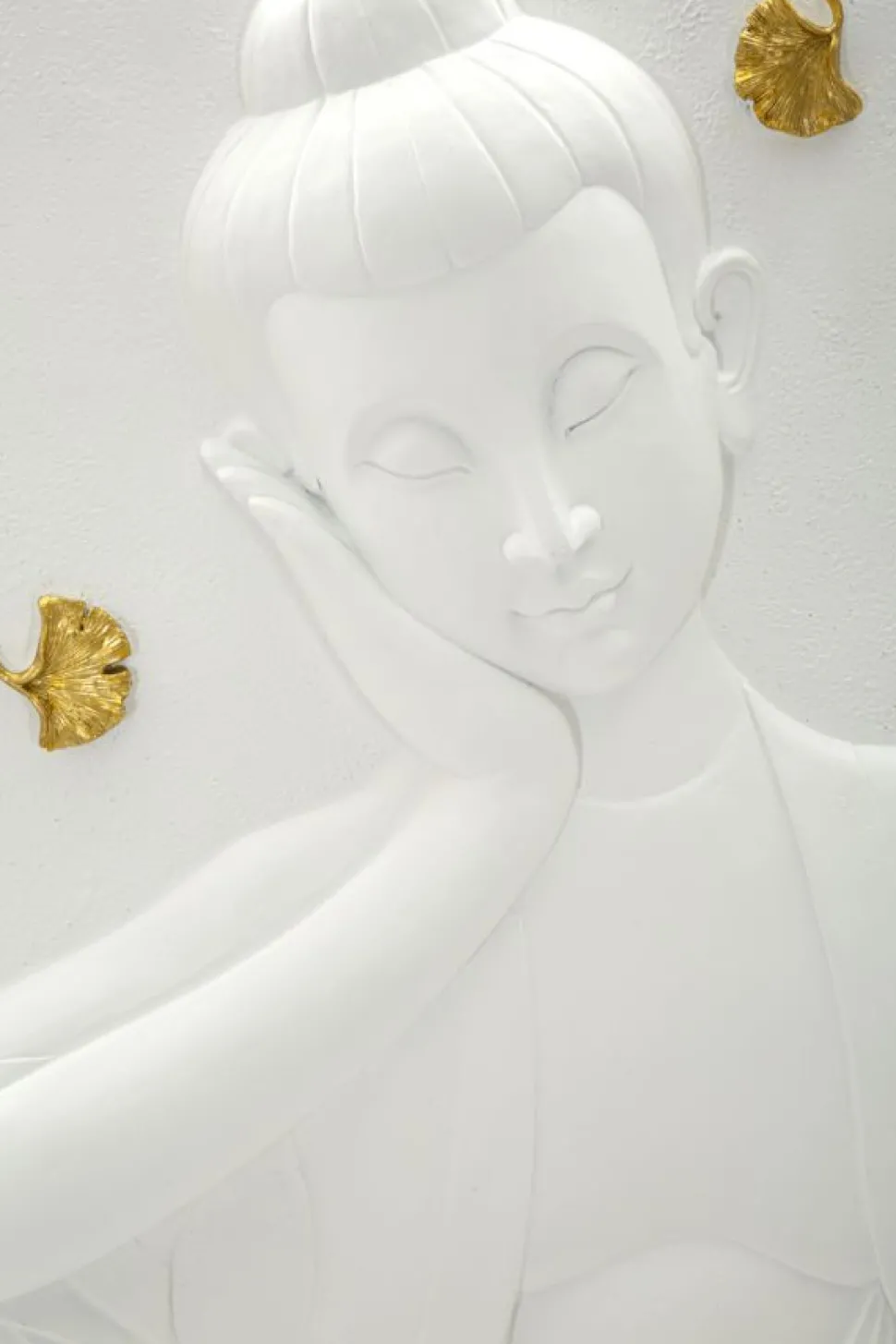 Panneau mural décoratif Bouddha résine 3D blanc et feuilles dorées
