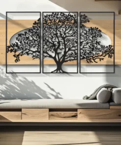 Panneau mural décoratif 3D Arbre métal et bois ensemble de 3 pièces