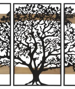 Panneau mural décoratif 3D Arbre métal et bois ensemble de 3 pièces