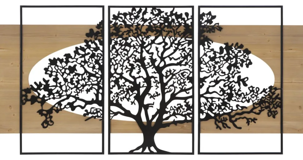 Panneau mural décoratif 3D Arbre métal et bois ensemble de 3 pièces