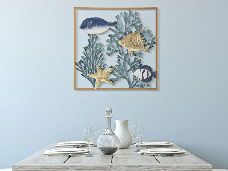 Panneau mural décoratif 3D Poisson Métal cadre doré