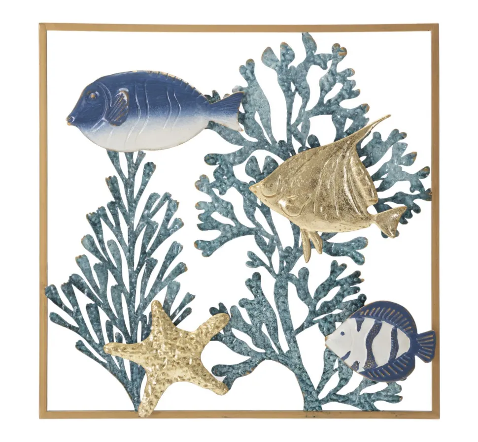 Panneau mural décoratif 3D Poisson Métal cadre doré