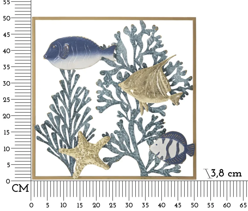 Panneau mural décoratif 3D Poisson Métal cadre doré
