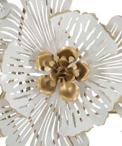 Panneau mural décoratif 3D en métal doré et blanc fleurs et feuilles