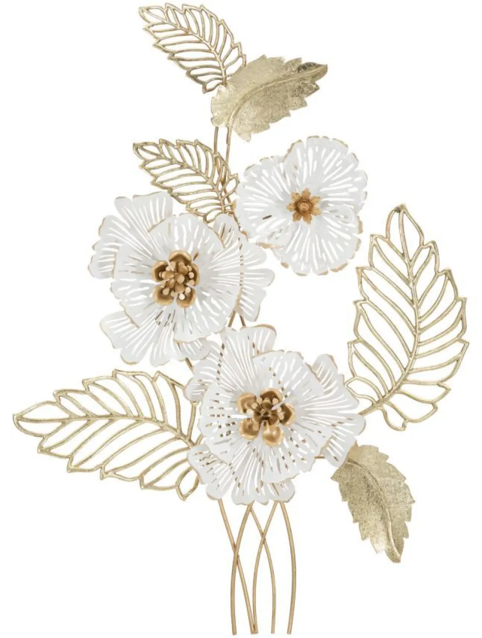 Panneau mural décoratif 3D en métal doré et blanc fleurs et feuilles