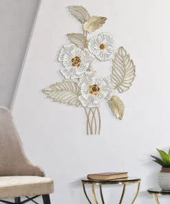 Panneau mural décoratif 3D en métal doré et blanc fleurs et feuilles