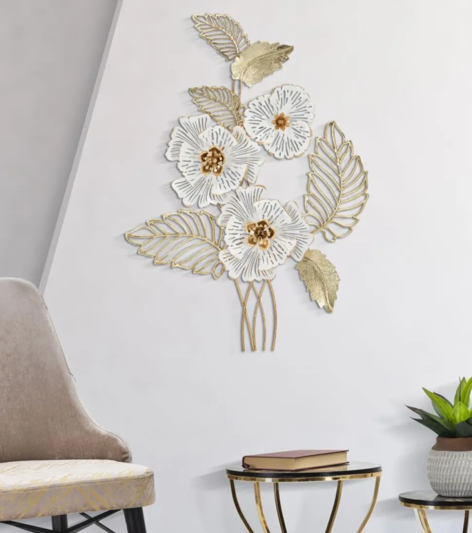 Panneau mural décoratif 3D en métal doré et blanc fleurs et feuilles