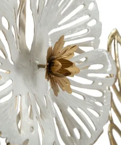 Panneau mural décoratif 3D en métal doré et blanc fleurs et feuilles