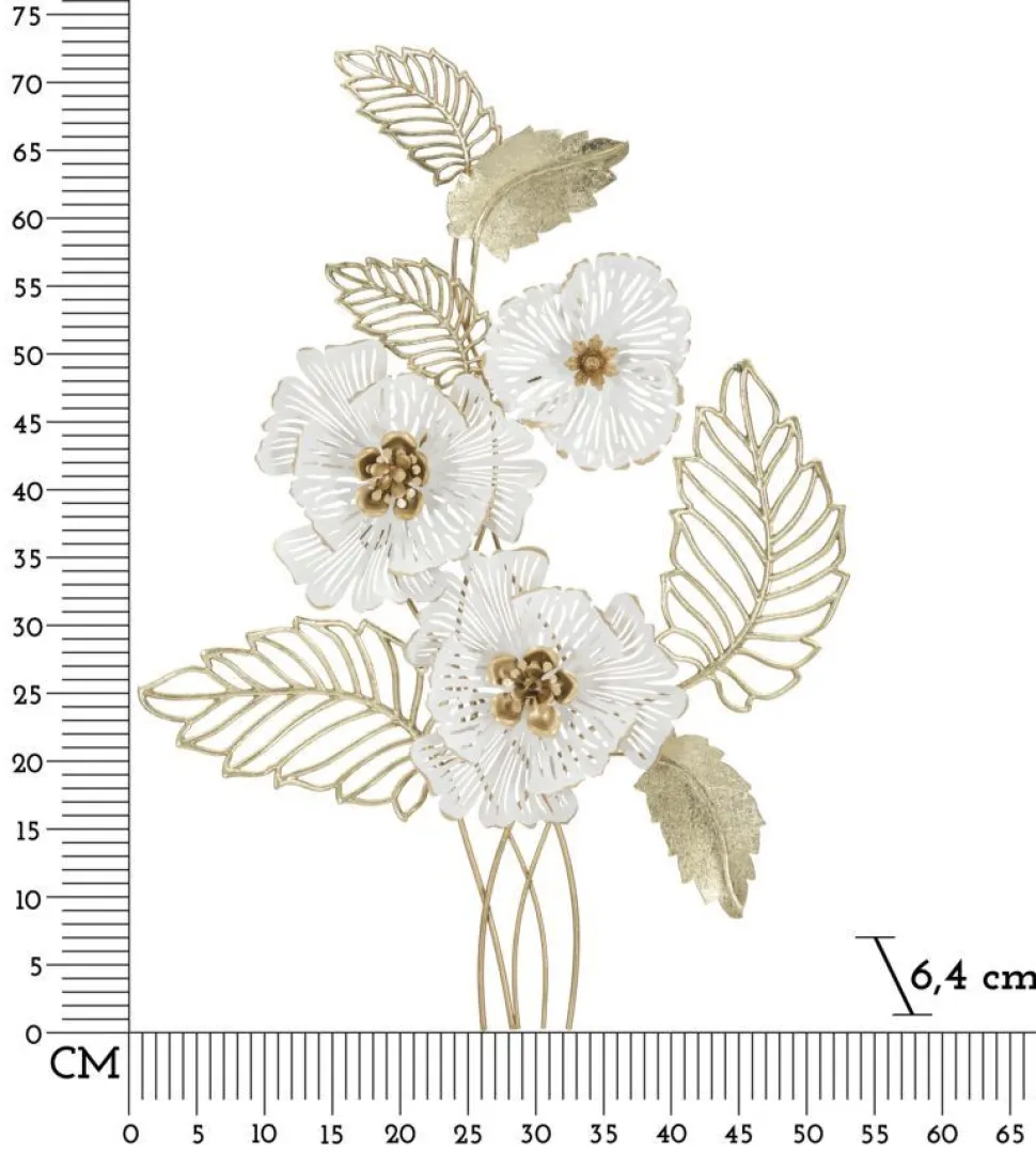 Panneau mural décoratif 3D en métal doré et blanc fleurs et feuilles