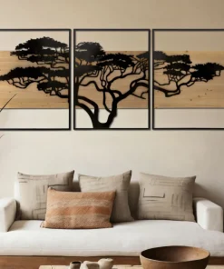 Panneau mural décoratif 3D set de 3 pcs métal et bois