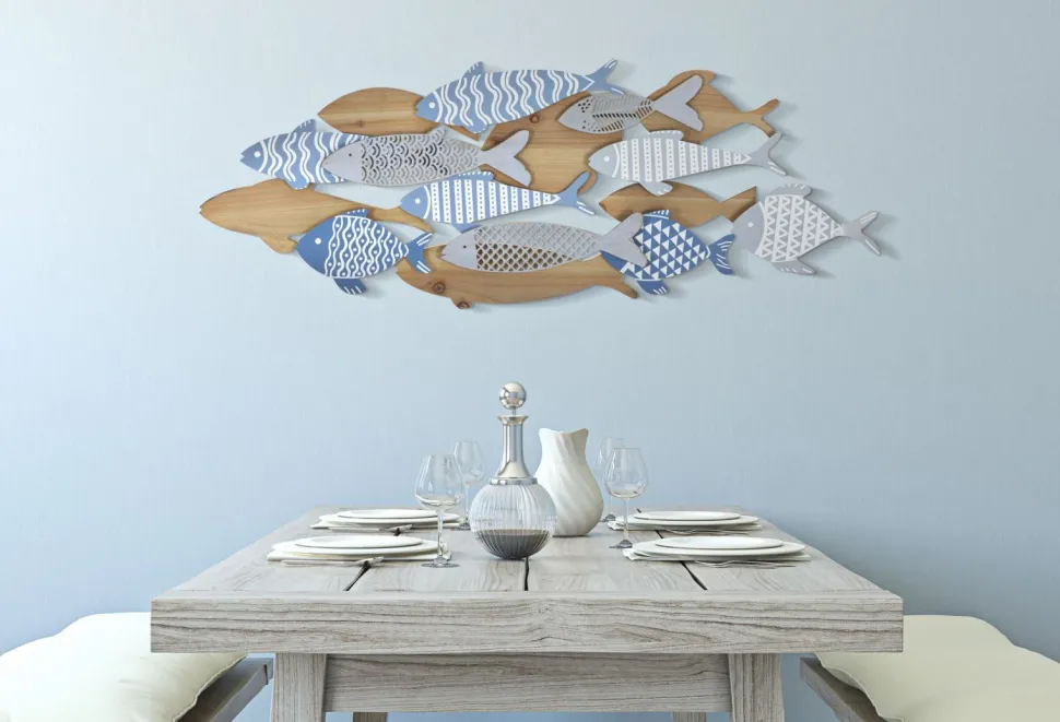 Panneau mural décoratif 3D Poissons Métal et Bois