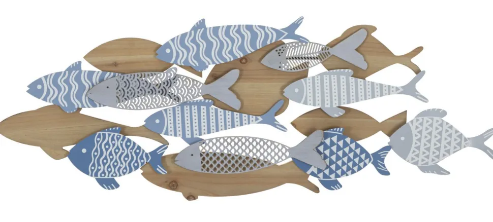 Panneau mural décoratif 3D Poissons Métal et Bois