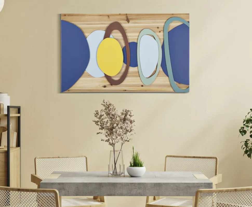 Panneau mural décoratif géométrique en métal et bois naturel multicolore