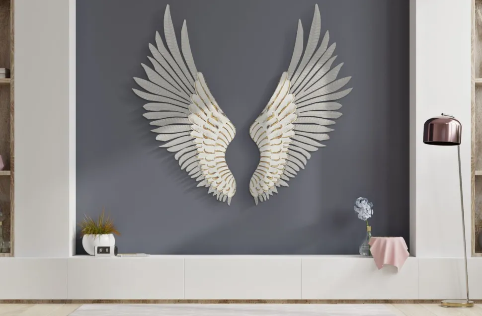 Panneaux décoratifs muraux 3D Ailes Blanches métal et bois