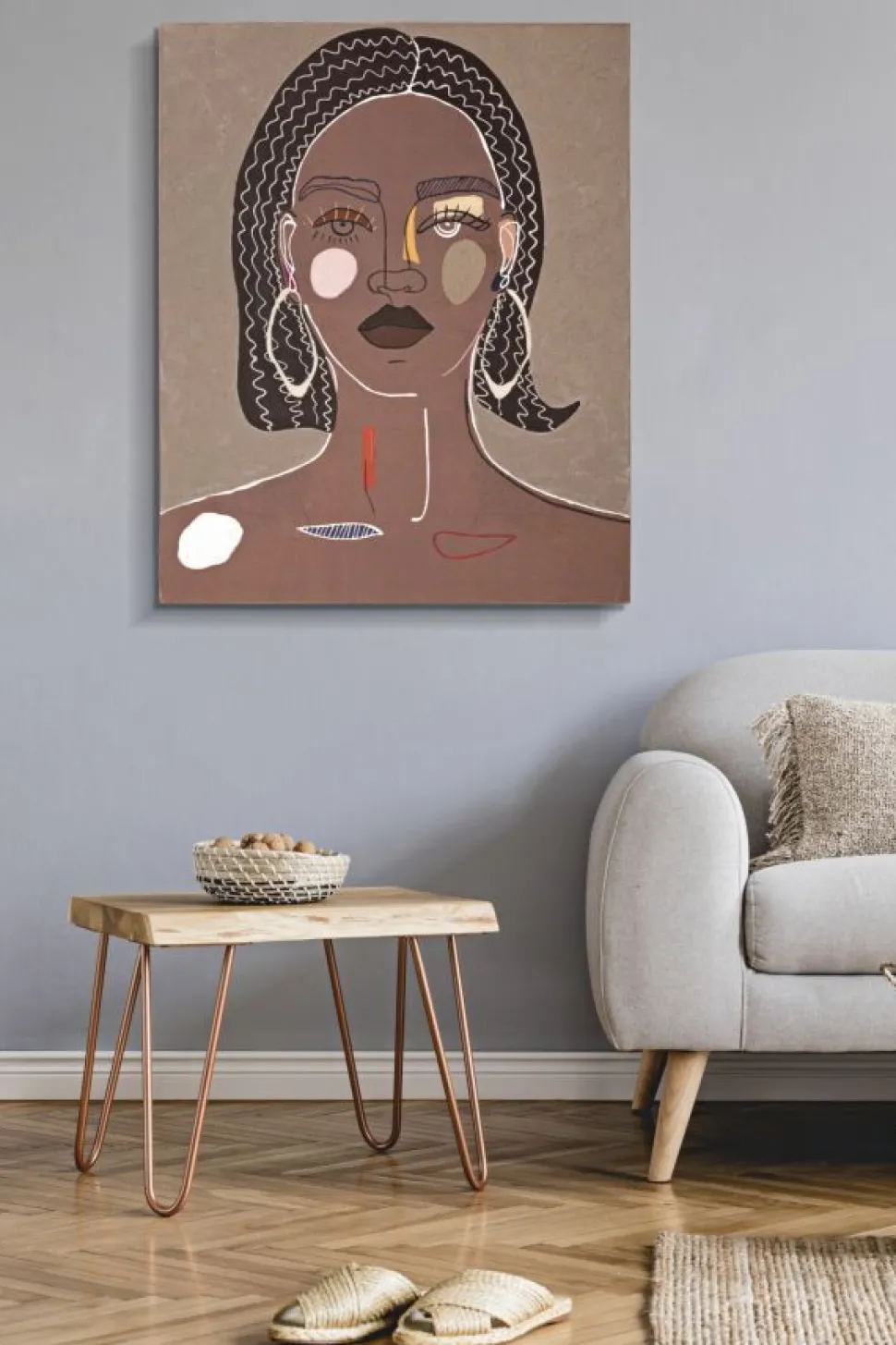 Peinture murale femme tribale encadrée toile marron bois massif