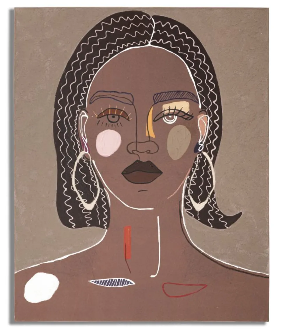 Peinture murale femme tribale encadrée toile marron bois massif
