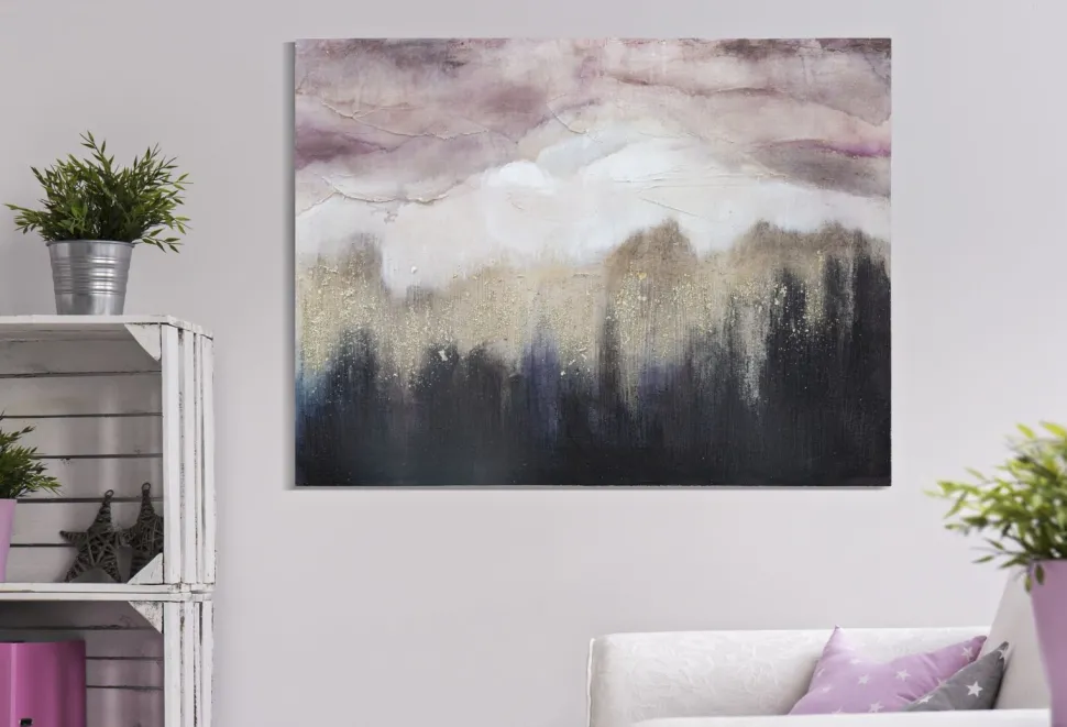 Peinture murale impressionniste cadre en bois massif Tons Rose et Noir