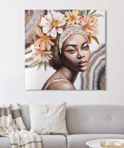 Peinture murale Naomi Bois massif avec applications en tissu multicolores