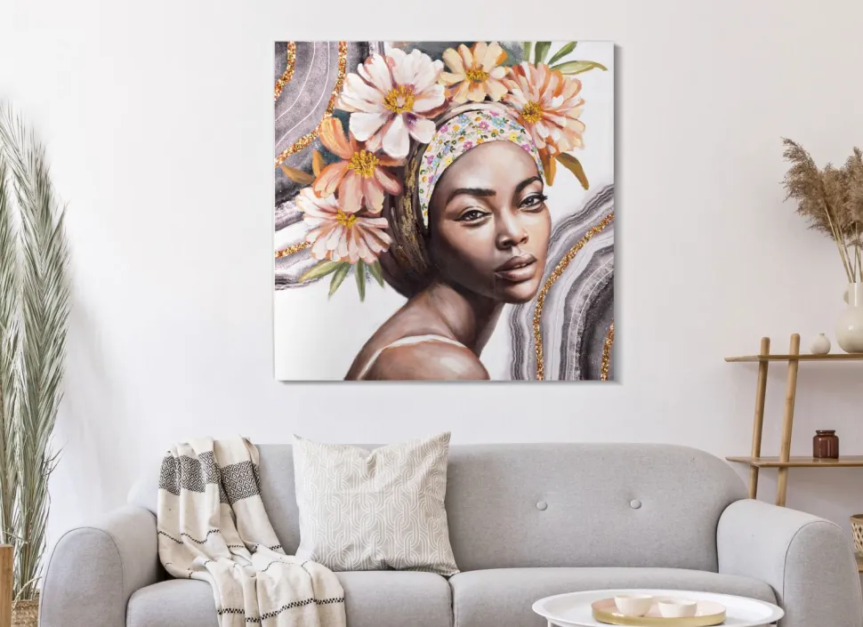 Peinture murale Naomi Bois massif avec applications en tissu multicolores