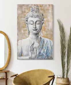 Peinture sur toile Bouddha encadrée en bois massif multicolore