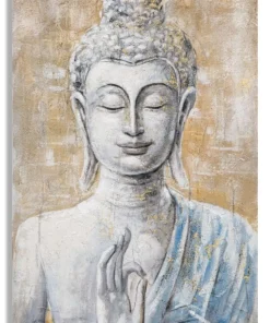 Peinture sur toile Bouddha encadrée en bois massif multicolore