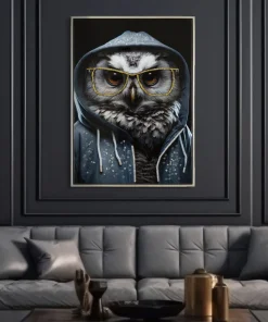 Peinture sur toile Chouette lunettes dorées cadre en bois et métal argenté