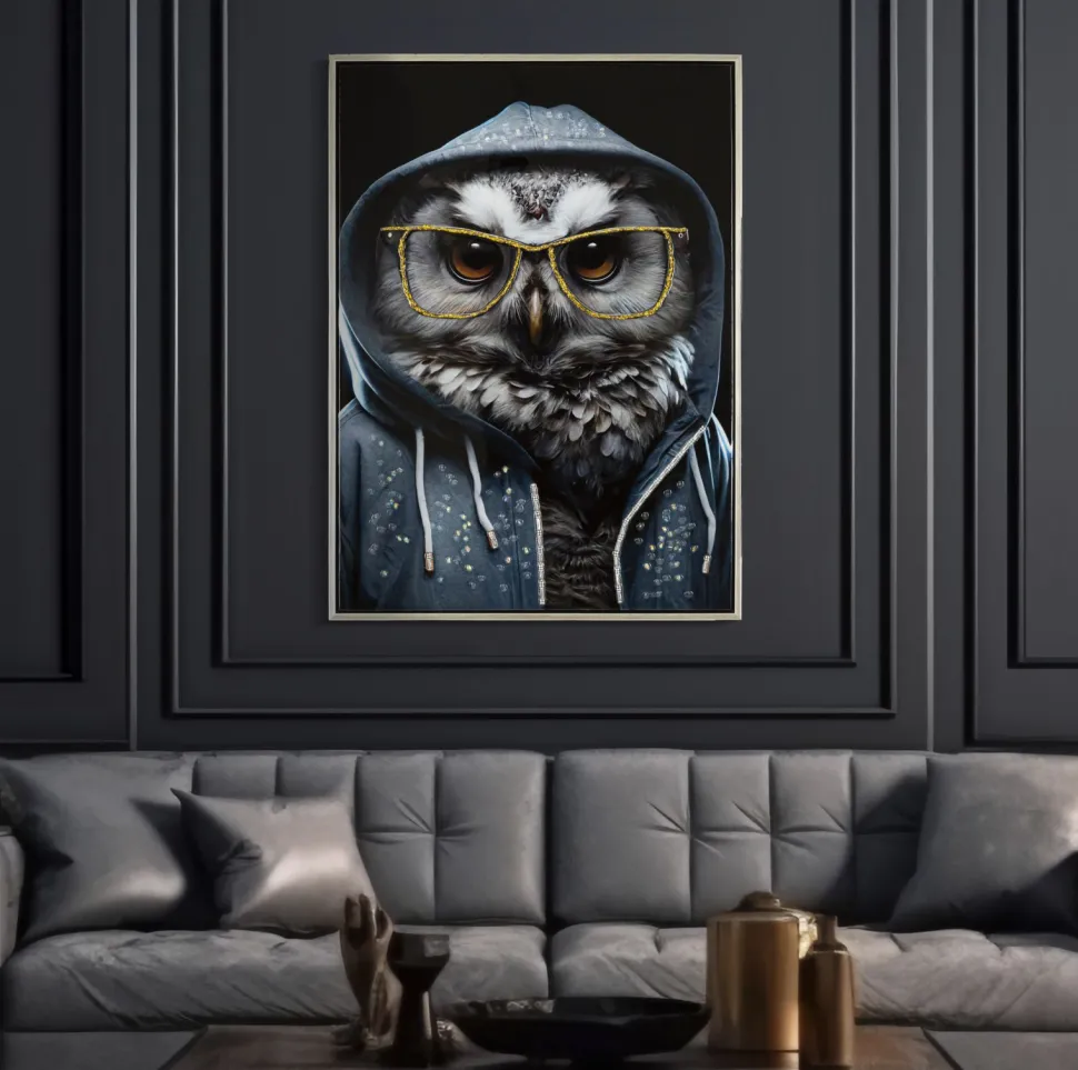 Peinture sur toile Chouette lunettes dorées cadre en bois et métal argenté