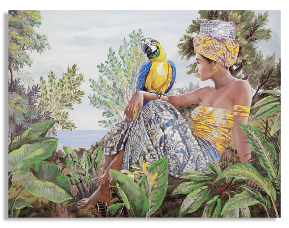 Peinture sur toile Kenda Femme et Perroquet Bois Massif