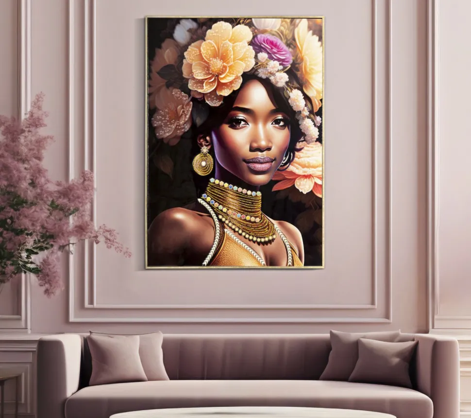Peinture sur toile Zena encadrée bois massif et métal doré