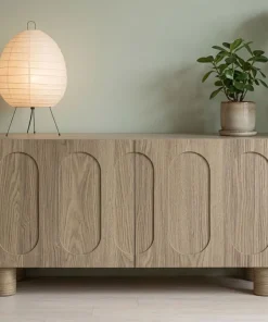 Petit buffet rétro-moderne avec portes sculptées Durand L80cm Chêne grisé