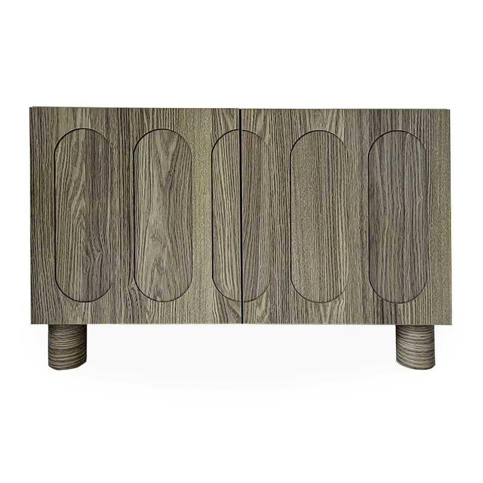 Petit buffet rétro-moderne avec portes sculptées Durand L80cm Chêne grisé