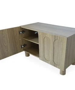 Petit buffet rétro-moderne avec portes sculptées Durand L80cm Chêne grisé