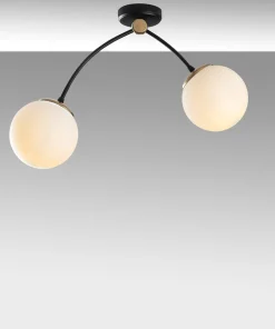 Plafonnier 2 lampes arcs asymétriques Gabilan Verre Blanc et Métal Noir et Or