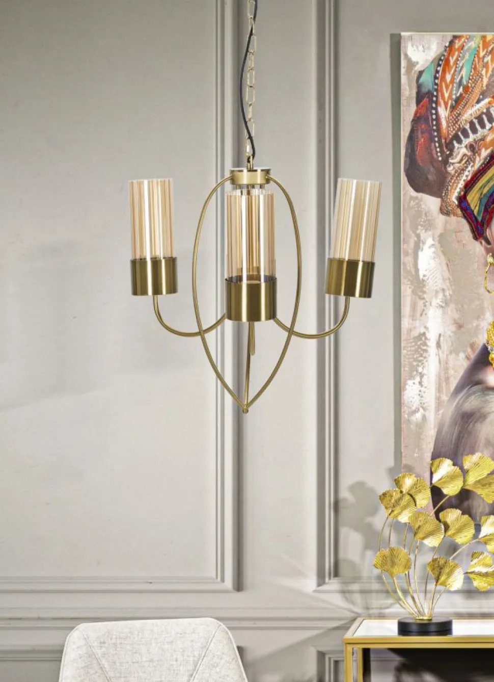 Plafonnier 3 lumières métal doré et verre