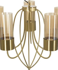 Plafonnier 5 lumières Versailles Métal Doré Verre Transparent