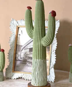 Plante décorative Cactus Stons en tissu vert sur socle en bois marron