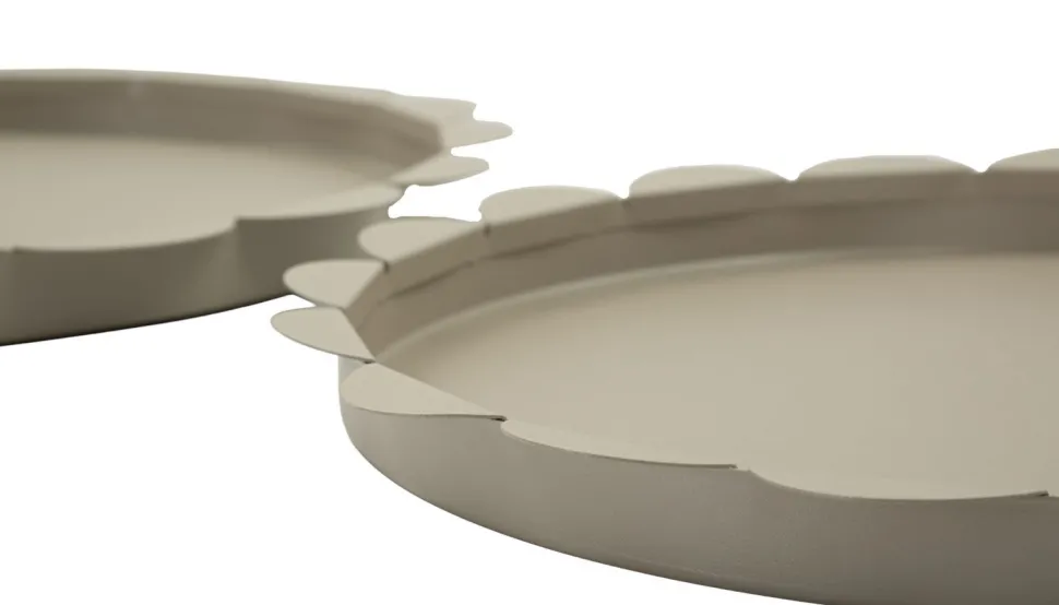 Plateau rond gris colombe set de 2 pièces métal bord ondulé