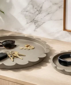 Plateau rond gris colombe set de 2 pièces métal bord ondulé