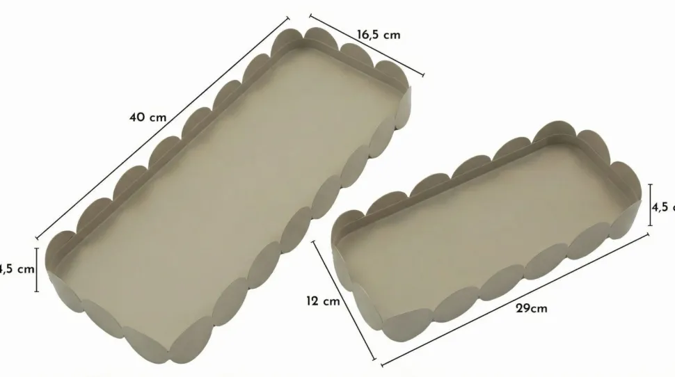 Plateaux rectangulaires en métal gris colombe bord ondulé set de 2