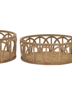 Plateaux ronds en rotin tressé marron ensemble 3 pcs