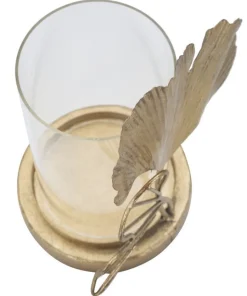 Porte-bougie en métal doré design feuilles et verre