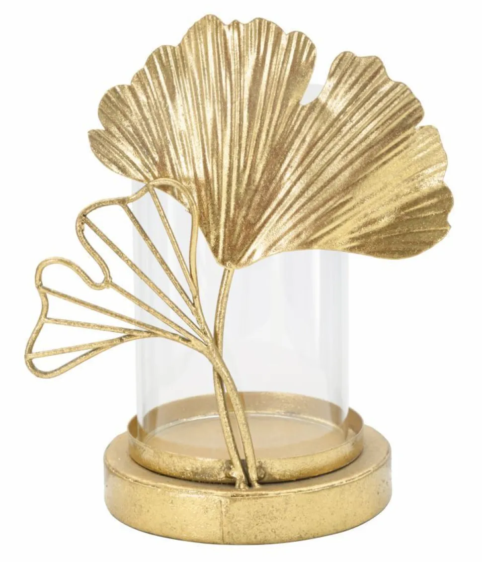 Porte-bougie en métal doré design feuilles et verre