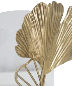 Porte-bougie en métal doré design feuilles et verre
