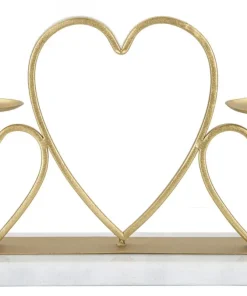 Porte-bougie en métal doré et marbre blanc design cœurs