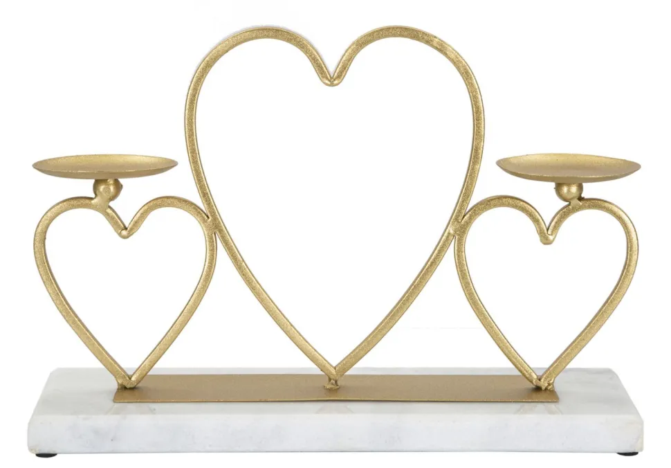 Porte-bougie en métal doré et marbre blanc design cœurs