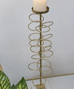 Porte-bougie Géométrique en Métal Doré et Marbre Blanc