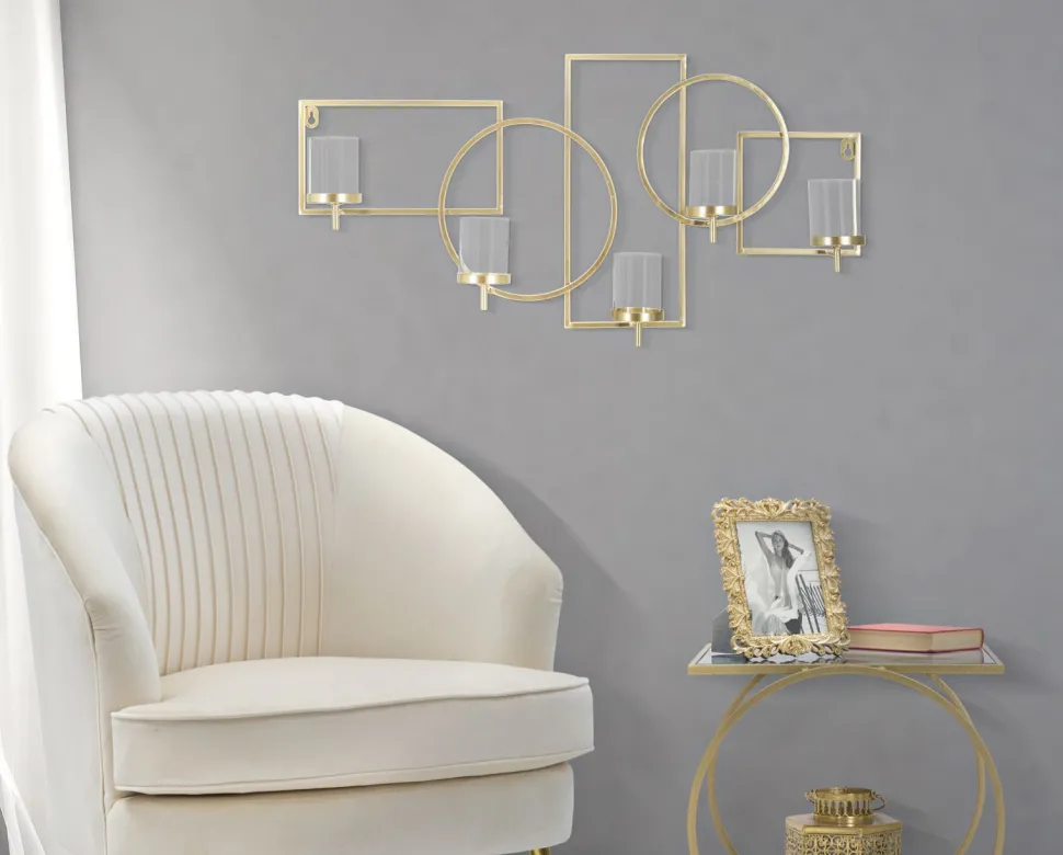 Porte-bougie mural géométrique en métal doré et verre transparent 5 lumières